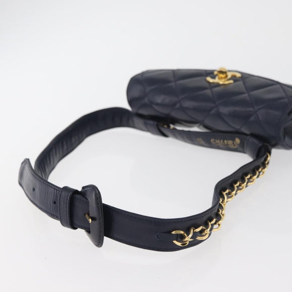 CHANEL Matelasse Waist Bag Lamb Skin Navy Gold CC Auth 179694