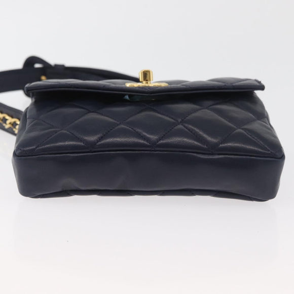 CHANEL Matelasse Waist Bag Lamb Skin Navy Gold CC Auth 179694