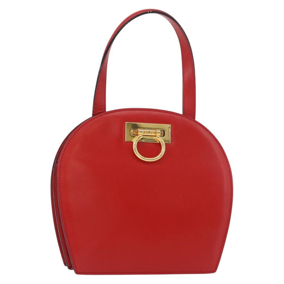 CELINE Circle Hand Bag Leather Red Gold Auth 179697V