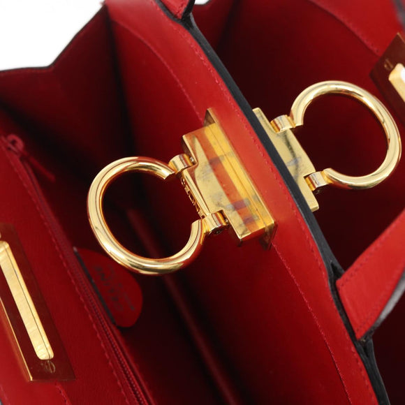 CELINE Circle Hand Bag Leather Red Gold Auth 179697V