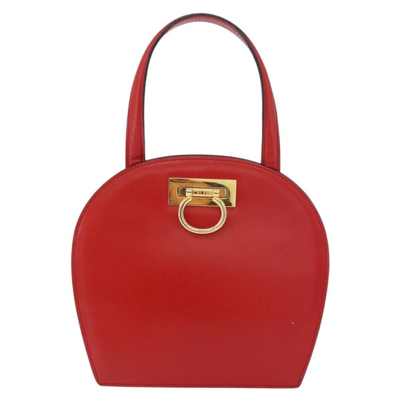 CELINE Circle Hand Bag Leather Red Gold Auth 179697V
