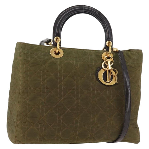 Christian Dior Canage Lady Dior Hand Bag Nylon 2way Khaki Gold Auth 179698