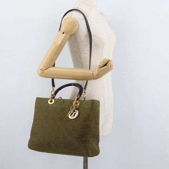 Christian Dior Canage Lady Dior Hand Bag Nylon 2way Khaki Gold Auth 179698