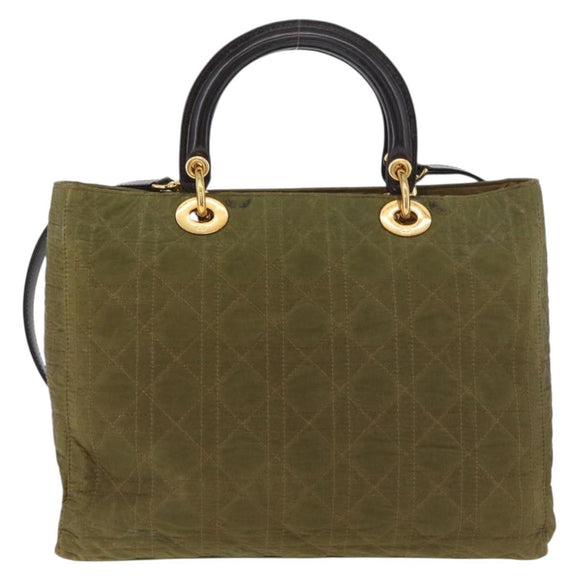 Christian Dior Canage Lady Dior Hand Bag Nylon 2way Khaki Gold Auth 179698