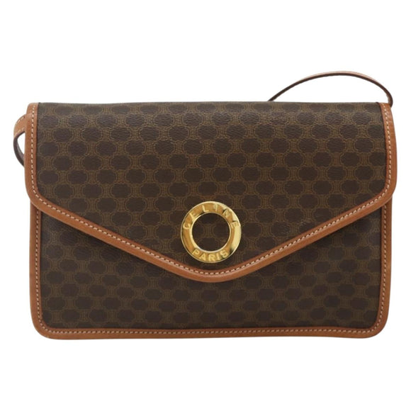 CELINE Macadam Canvas Circle Shoulder Bag PVC Leather Brown Gold Auth 179710A