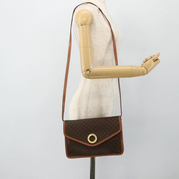 CELINE Macadam Canvas Circle Shoulder Bag PVC Leather Brown Gold Auth 179710A