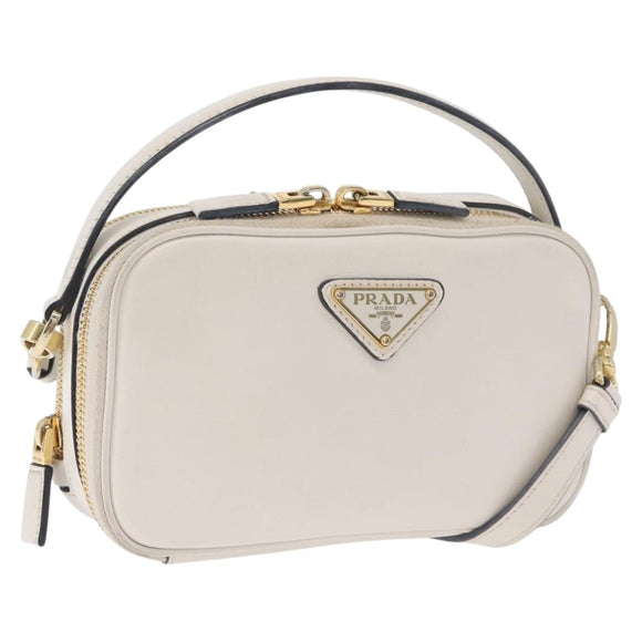 PRADA Hand Bag Leather 2way White Gold Auth 179715A