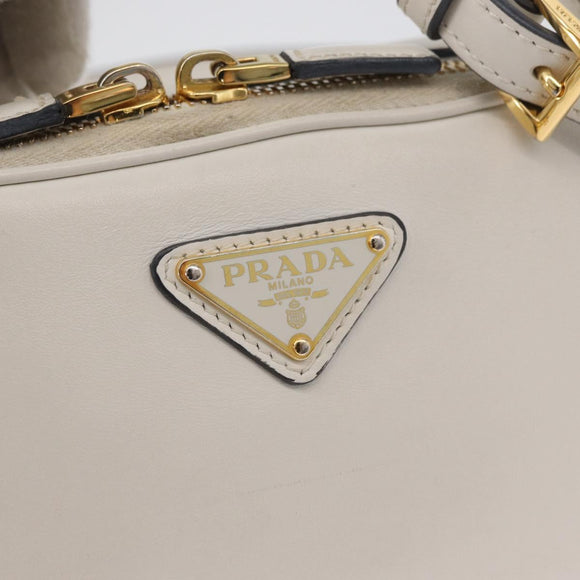 PRADA Hand Bag Leather 2way White Gold Auth 179715A
