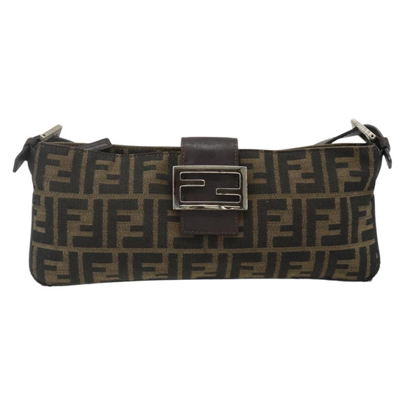 FENDI Zucca Canvas Mamma Baguette Shoulder Bag Black Brown Auth 179729