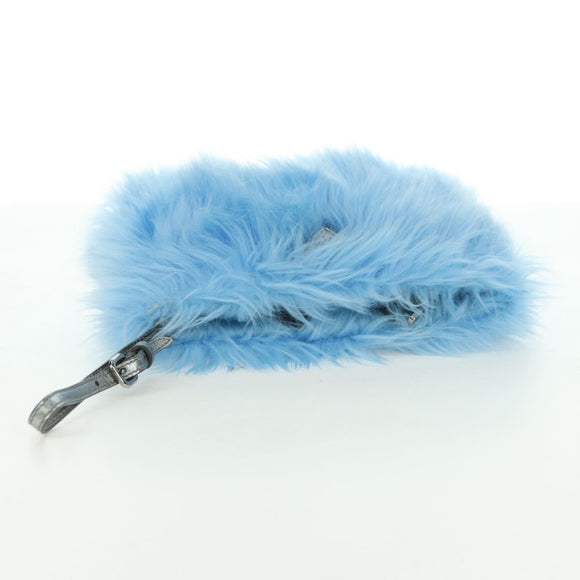 PRADA Clutch Bag Pelz Silber Hellblau Auth 179733SM