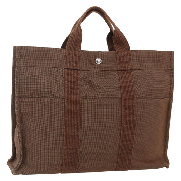HERMES Her Line Tote MM Tote Bag Canvas Brown Silver Auth 179734A