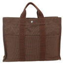HERMES Her Line Tote MM Tote Bag Canvas Brown Silver Auth 179734A-2