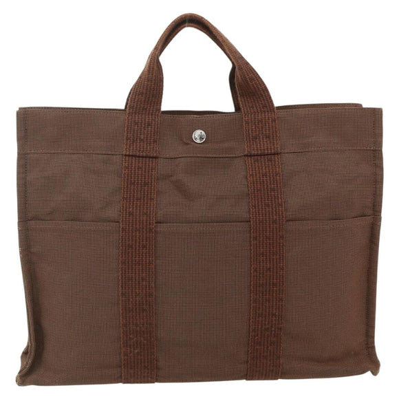 HERMES Her Line Tote MM Tote Bag Canvas Brown Silver Auth 179734A