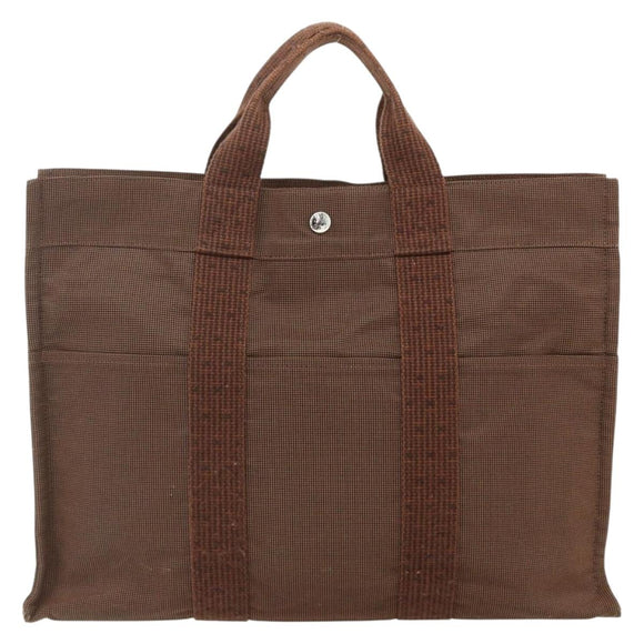 HERMES Her Line Tote MM Tote Bag Canvas Brown Silver Auth 179734A