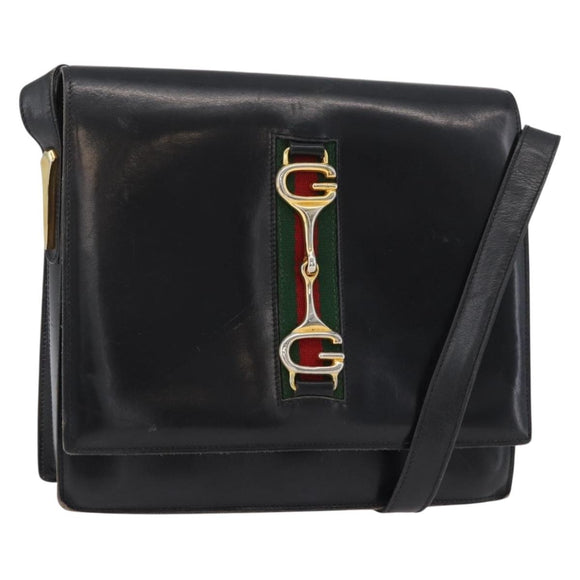 GUCCI Horsebit Web Sherry Line Shoulder Bag Leather Black Gold Auth 179764