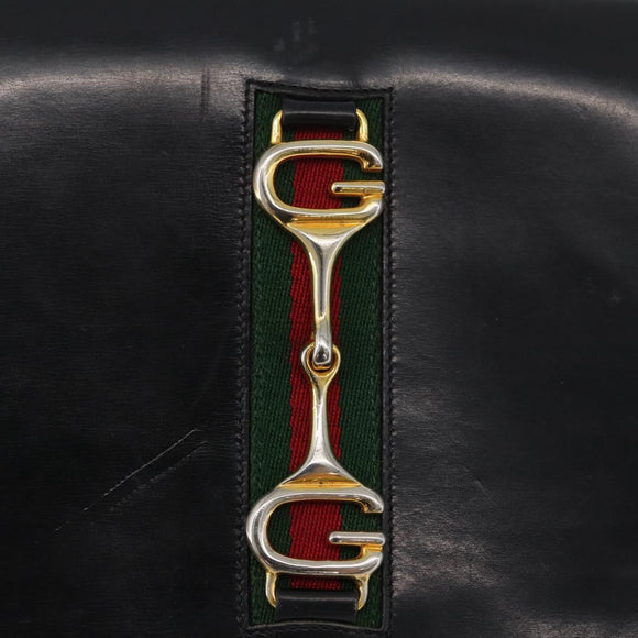 GUCCI Horsebit Web Sherry Line Shoulder Bag Leather Black Gold Auth 179764