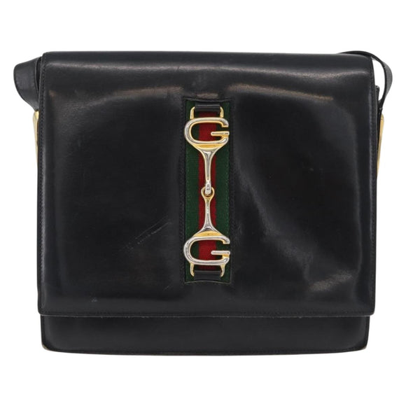 GUCCI Horsebit Web Sherry Line Shoulder Bag Leather Black Gold Auth 179764
