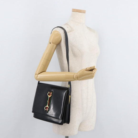GUCCI Horsebit Web Sherry Line Shoulder Bag Leather Black Gold Auth 179764