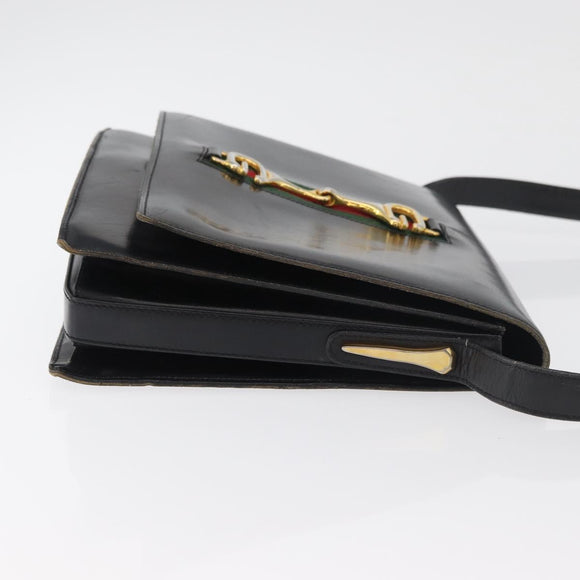 GUCCI Horsebit Web Sherry Line Shoulder Bag Leather Black Gold Auth 179764