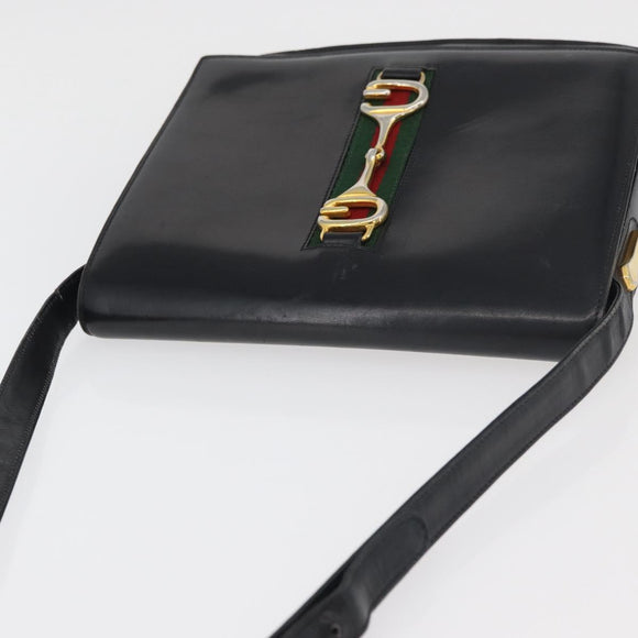 GUCCI Horsebit Web Sherry Line Shoulder Bag Leather Black Gold Auth 179764