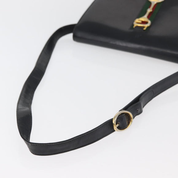 GUCCI Horsebit Web Sherry Line Shoulder Bag Leather Black Gold Auth 179764
