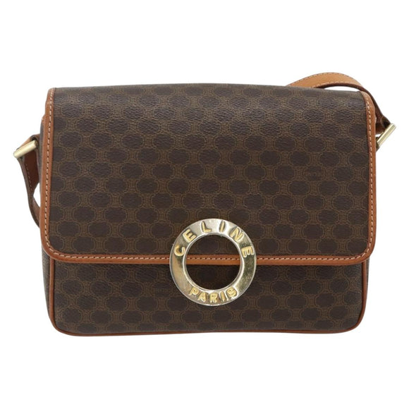 CELINE Macadam Canvas Shoulder Bag PVC Leather Brown Gold Auth 179765A