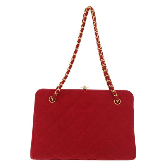 CHANEL Matelasse Chain Shoulder Bag Cotton Red Gold CC Auth 179799