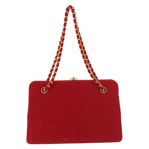 CHANEL Matelasse Chain Shoulder Bag Cotton Red Gold CC Auth 179799