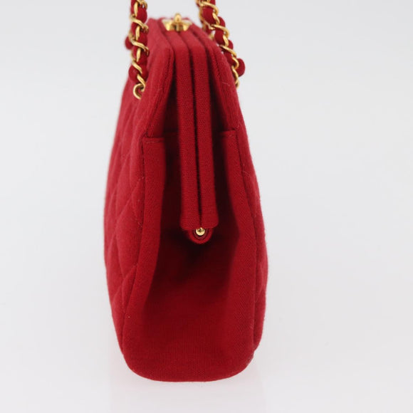 CHANEL Matelasse Chain Shoulder Bag Cotton Red Gold CC Auth 179799