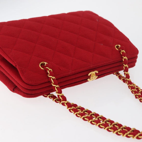 CHANEL Matelasse Chain Shoulder Bag Cotton Red Gold CC Auth 179799