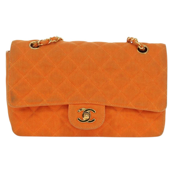CHANEL Matelasse 25 Chain Shoulder Bag Corduroy Orange Gold CC Auth 179800V