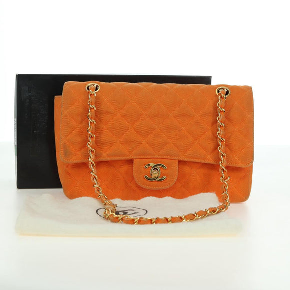 CHANEL Matelasse 25 Chain Shoulder Bag Corduroy Orange Gold CC Auth 179800V