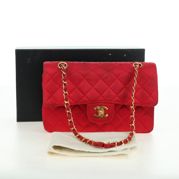 CHANEL Matelasse 23 Chain Shoulder Bag Satin Gold Red CC Auth 179801V