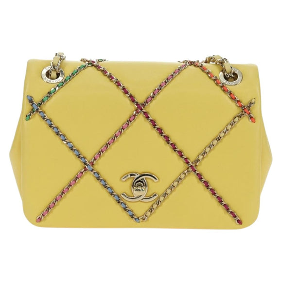 CHANEL Matelasse Chain Shoulder Bag Lamb Skin Yellow Gold CC Auth 179803SAV