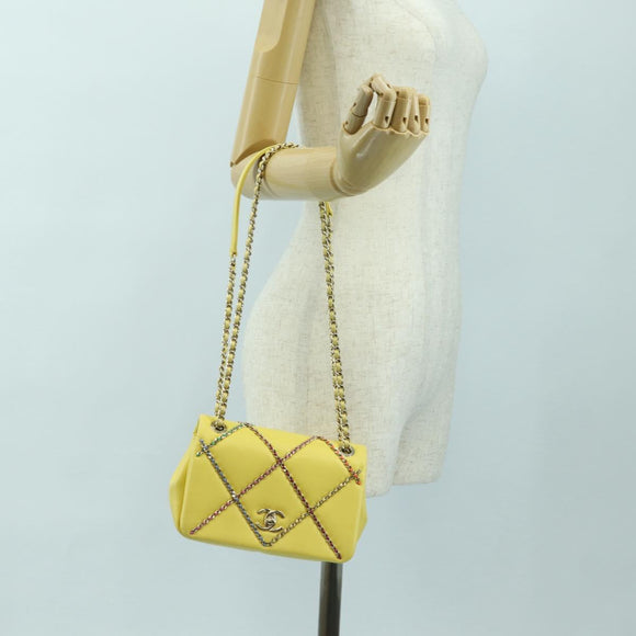 CHANEL Matelasse Chain Shoulder Bag Lamb Skin Yellow Gold CC Auth 179803SAV