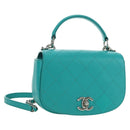 CHANEL Matelasse Chain Bag Lamb Skin 2way Silver Emerald Green CC Auth 179804SAV-1