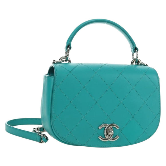 CHANEL Matelasse Chain Bag Lamb Skin 2way Silver Emerald Green CC Auth 179804SAV