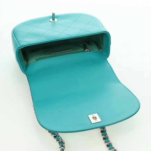 CHANEL Matelasse Chain Bag Lamb Skin 2way Silver Emerald Green CC Auth 179804SAV