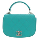 CHANEL Matelasse Chain Bag Lamb Skin 2way Silver Emerald Green CC Auth 179804SAV-13