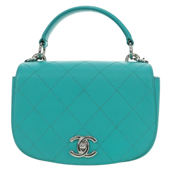 CHANEL Matelasse Chain Bag Lamb Skin 2way Silver Emerald Green CC Auth 179804SAV