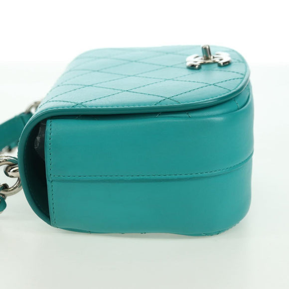CHANEL Matelasse Chain Bag Lamb Skin 2way Silver Emerald Green CC Auth 179804SAV