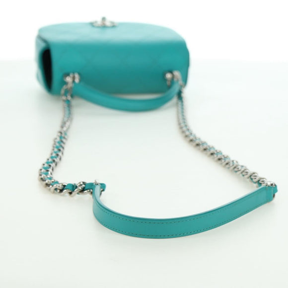 CHANEL Matelasse Chain Bag Lamb Skin 2way Silver Emerald Green CC Auth 179804SAV
