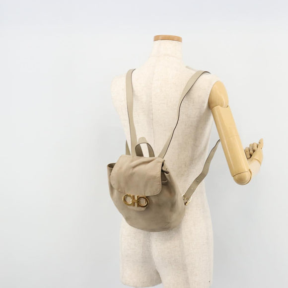 Salvatore Ferragamo Gancini Backpack Suede Gray Gold Auth 179844