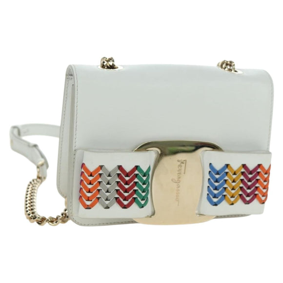 Salvatore Ferragamo Chain Vala Shoulder Bag Leather White Gold Auth 179845A