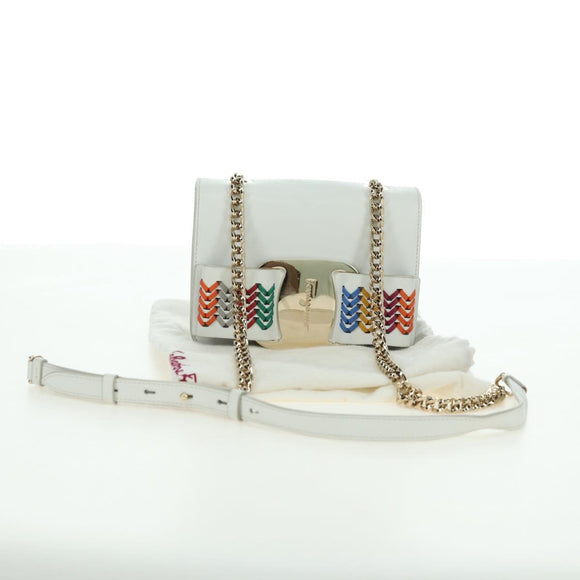 Salvatore Ferragamo Chain Vala Shoulder Bag Leather White Gold Auth 179845A