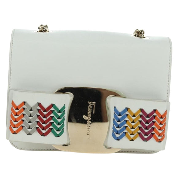 Salvatore Ferragamo Chain Vala Shoulder Bag Leather White Gold Auth 179845A