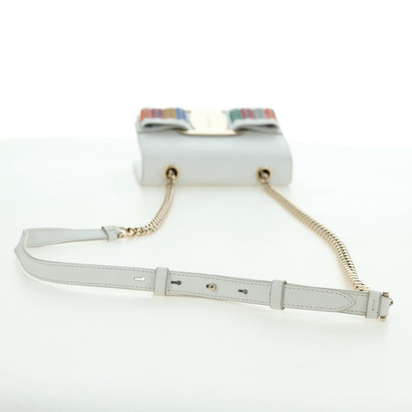 Salvatore Ferragamo Chain Vala Shoulder Bag Leather White Gold Auth 179845A