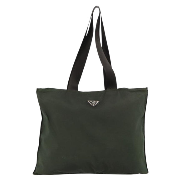 PRADA Tote Bag Nylon Khaki Silber Auth 179851