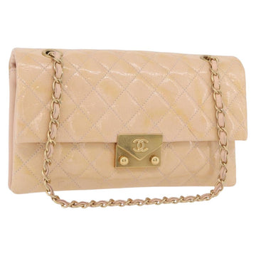 CHANEL Matelasse Chain Shoulder Bag Patent leather Beige Gold CC Auth 179868A
