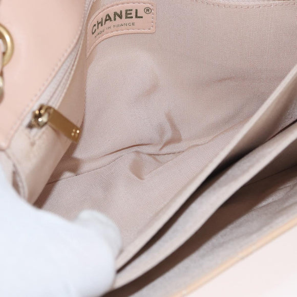 CHANEL Matelasse Chain Shoulder Bag Patent leather Beige Gold CC Auth 179868A